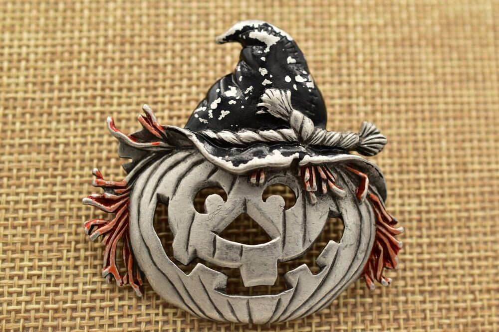 JJ Pumpkin Pin Brooch Pewter Tone Halloween Witch Jack Enamel Signed 1980s BinAL